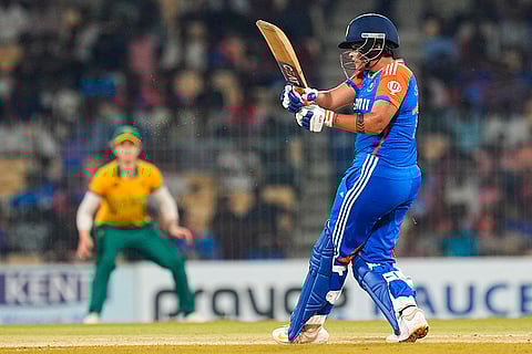 Shafali Verma plays a shot against South Africa Women